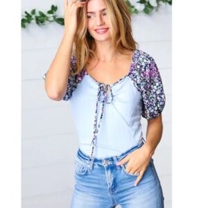 "The Jenna" Light Blue Sweetheart Neckline Bubble Sleeve Blouse - NWOT